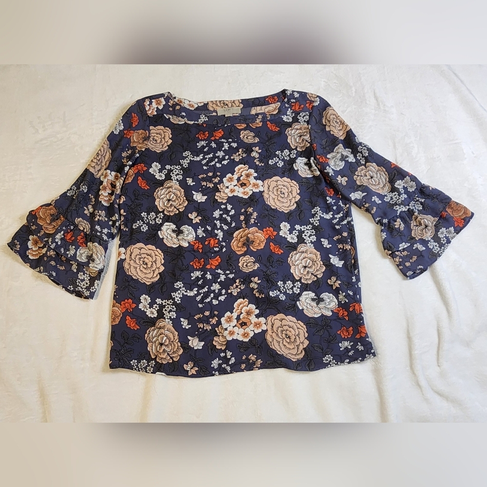 Loft‎ Floral Women's Boat Neck 3/4 Ruffle Sleeve Top, EUC, Size Small Petite
